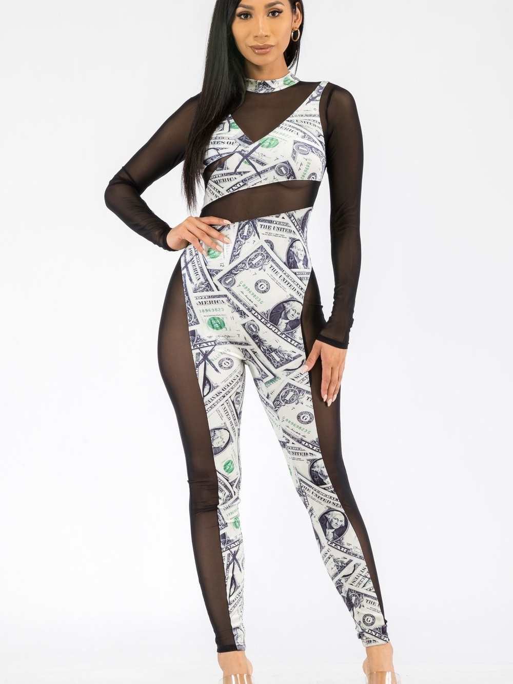 Mesh-Panel Money Print Jumpsuit - White/Black